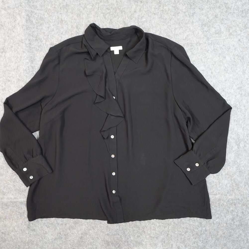 J. Jill Top Womens 2X Long Sleeve Button Front Ruffle Black Office Minimal Shirt